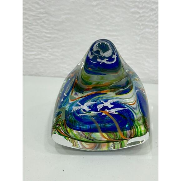 Art Glass Fred Wilkerson Multicolor Hand Blown Glass Birds Paperweight Signed - Picture 2 of 11